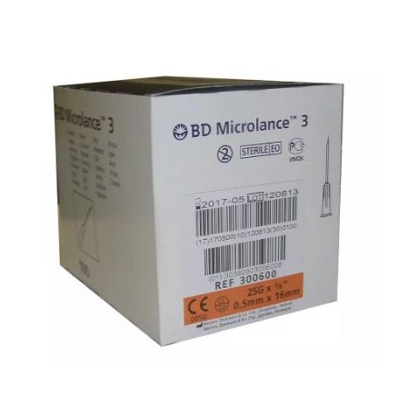 Aguja Hipodérmica 16 mm. x 0.5 mm. 25G  Naranja ( BD 300600 ) C/100 Uds